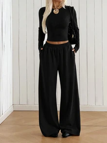 SHEIN EZwear 黑色針織女款圓領長袖T恤與長褲套裝，居家休閒旅行秋季日常休閒穿搭 - 黑色 - 查看 4