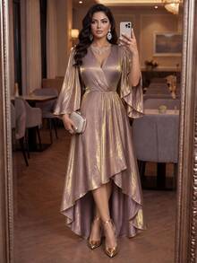 Auveirra Women's Plus Size Deep V-Neck Long Sleeve Elegant Dress - Dusty Purple - View 3