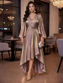 Auveirra Women's Plus Size Deep V-Neck Long Sleeve Elegant Dress - Dusty Purple - View 5