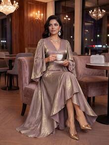 Auveirra Women's Plus Size Deep V-Neck Long Sleeve Elegant Dress - Dusty Purple - View 4