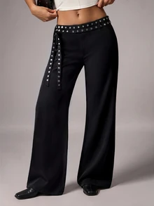 Avenya Low Waist Rivet & Ribbon Decor Wide Leg Slimming Drape Suit Pants, Casual Daily Commute Fall/Winter Autumn - Black - View 5