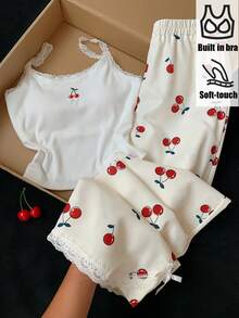 Comfortcana Fruit Print Lace Trim Camisole Top 2-Piece Set Casual Cute Fairy Sweet Plus Size Spring/Summer Homewear Party White - White - View 1