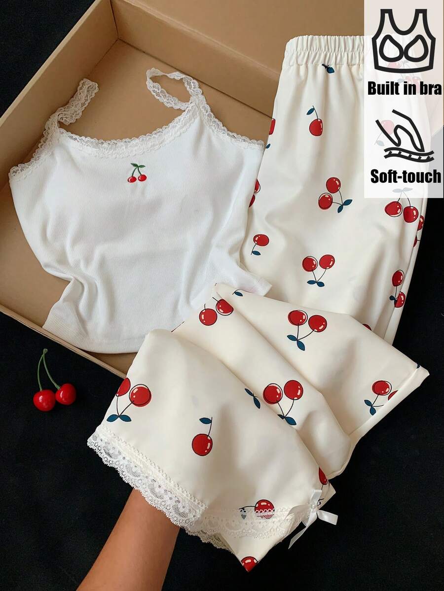 Comfortcana Fruit Print Lace Trim Camisole Top 2-Piece Set Casual Cute Fairy Sweet Plus Size Spring/Summer Homewear Party White - White - View 1