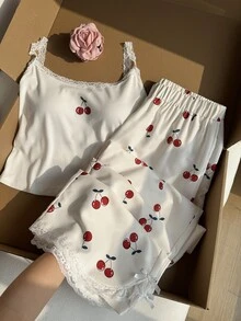 Comfortcana Fruit Print Lace Trim Camisole Top 2-Piece Set Casual Cute Fairy Sweet Plus Size Spring/Summer Homewear Party White - White - View 3