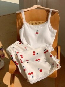 Comfortcana Fruit Print Lace Trim Camisole Top 2-Piece Set Casual Cute Fairy Sweet Plus Size Spring/Summer Homewear Party White - White - View 8