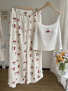 Comfortcana Fruit Print Lace Trim Camisole Top 2-Piece Set Casual Cute Fairy Sweet Plus Size Spring/Summer Homewear Party White - White - View 7
