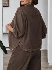 EMERY ROSE EMERY ROSE Plus Size Solid Color Fashion Button Long Sleeve Denim Shirt - Brown - View 2
