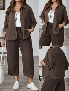 EMERY ROSE EMERY ROSE Plus Size Solid Color Fashion Button Long Sleeve Denim Shirt - Brown - View 1