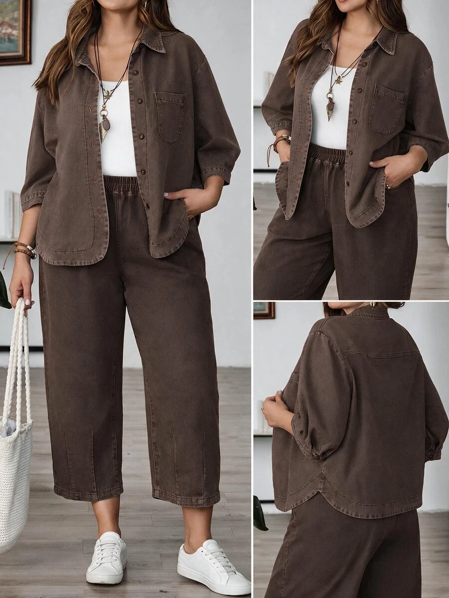 EMERY ROSE EMERY ROSE Plus Size Solid Color Fashion Button Long Sleeve Denim Shirt - Brown - View 1