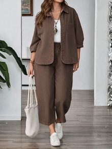 EMERY ROSE EMERY ROSE Plus Size Solid Color Fashion Button Long Sleeve Denim Shirt - Brown - View 3