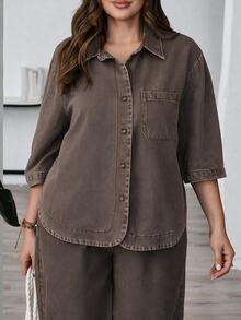 EMERY ROSE EMERY ROSE Plus Size Solid Color Fashion Button Long Sleeve Denim Shirt - Brown - View 7