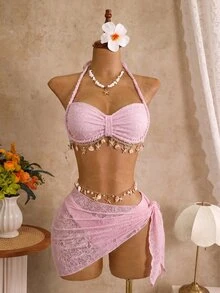 Swim SXY Women's 3 Pieces Solid Textured Shell Trim Braided Rope Halter Bikini Set With Triangle Bottoms And Skirt, Spring/Summer Beach Swimwear - Pink - View 4