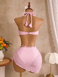Swim SXY Women's 3 Pieces Solid Textured Shell Trim Braided Rope Halter Bikini Set With Triangle Bottoms And Skirt, Spring/Summer Beach Swimwear - Pink - View 2