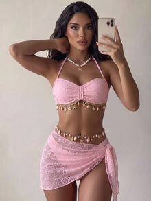 Swim SXY Women's 3 Pieces Solid Textured Shell Trim Braided Rope Halter Bikini Set With Triangle Bottoms And Skirt, Spring/Summer Beach Swimwear - Pink - View 8