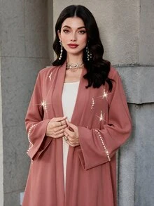 Mulvari Solid Color Long Sleeve Loose Elegant Casual Modest Christening Guest Graduation Jacket With Pearl Decoration Formal Fuchsia Pink Winter Wedding - Coral Pink - View 3