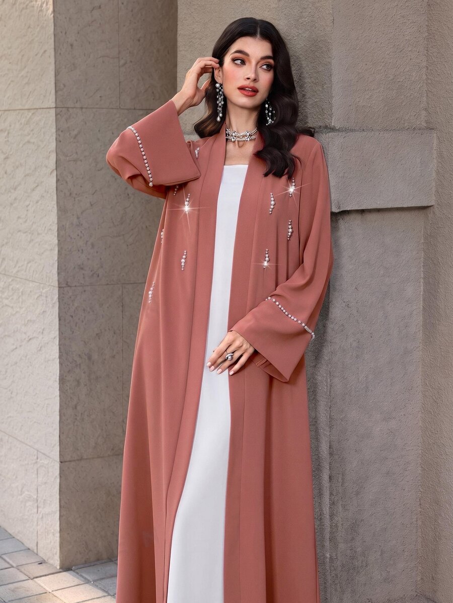 Mulvari Solid Color Long Sleeve Loose Elegant Casual Modest Christening Guest Graduation Jacket With Pearl Decoration Formal Fuchsia Pink Winter Wedding - Coral Pink - View 1