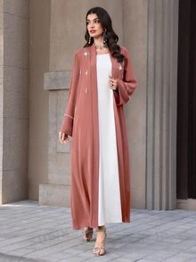 Mulvari Solid Color Long Sleeve Loose Elegant Casual Modest Christening Guest Graduation Jacket With Pearl Decoration Formal Fuchsia Pink Winter Wedding - Coral Pink - View 4