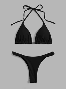 SHEIN Swim Summer Beach Solid Bikini Set Halter Triangle Bra & Thong 2 Piece Bathing Suit - Black - View 1