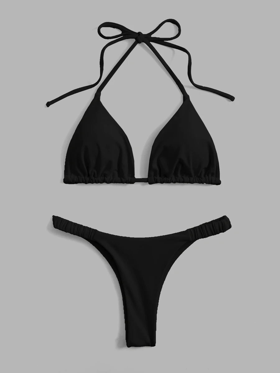 SHEIN Swim Summer Beach Solid Bikini Set Halter Triangle Bra & Thong 2 Piece Bathing Suit - Black - View 1
