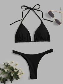 SHEIN Swim Summer Beach Solid Bikini Set Halter Triangle Bra & Thong 2 Piece Bathing Suit - Black - View 5