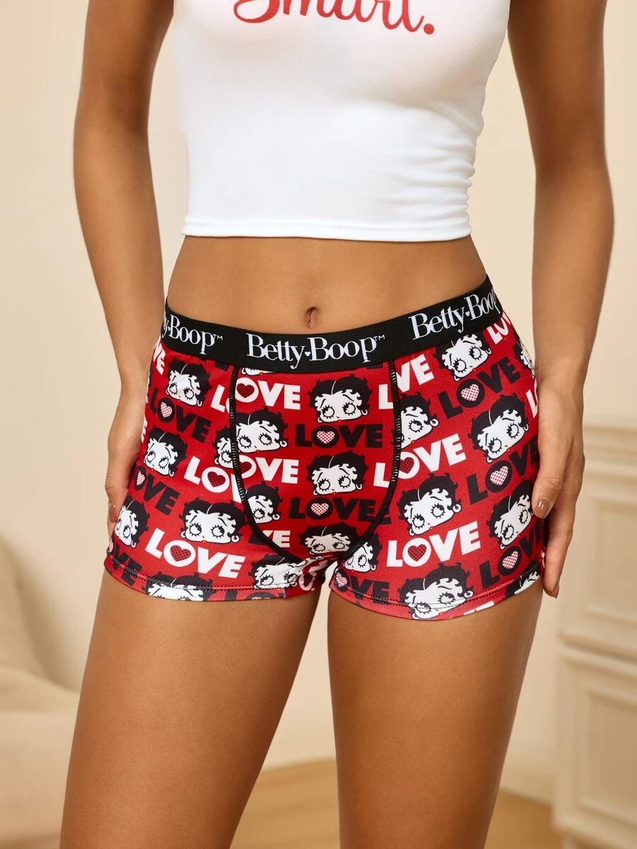 Betty Boop x SHEIN Women's Letter Cartoon Print Casual Flat Shorts - Red - View 1