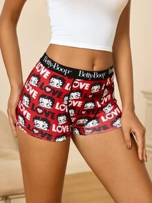 Betty Boop x SHEIN Women's Letter Cartoon Print Casual Flat Shorts - Red - View 7
