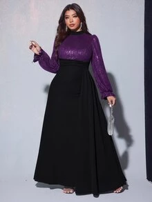 Viva Relle 大尺碼女款優雅迷人亮片珠飾長袖收腰喇叭飄逸洋裝，適合秋冬、宴會、派對、婚禮賓客、新年、聖誕節 - 彩色 - 查看 6