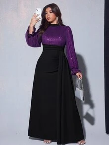 Viva Relle 大尺碼女款優雅迷人亮片珠飾長袖收腰喇叭飄逸洋裝，適合秋冬、宴會、派對、婚禮賓客、新年、聖誕節 - 彩色 - 查看 3