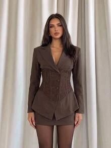 Aloruh Women's Autumn/Winter Deep V-Neck Lace Patchwork Boning Decor Blazer + Skirt Set, New Arrival - Brown - View 11