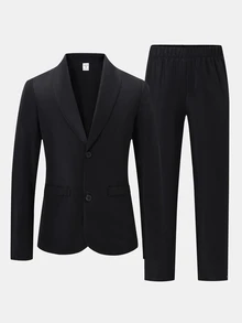 SHEIN 青少年男孩 2件組黑色時尚經典翻領西裝外套與長褲套裝，紳士正式穿搭，校園風優雅復古經典休閒，適合春夏秋冬，婚禮、開學、派對、慶祝場合 - 黑色 - 查看 1