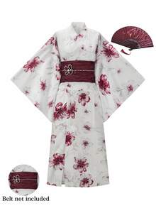 Irokai Traditional Japanese Women's Blue Printed Kimono Yukata - Red - View 8