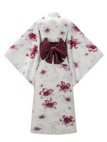 Irokai Traditional Japanese Women's Blue Printed Kimono Yukata - Red - View 2