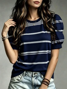 Trelyra Women's Plus Size Striped Round Neck Short Petal Sleeve Casual T-Shirt - White - View 3