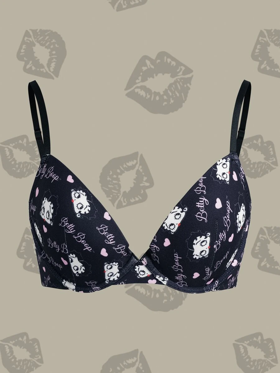 Betty Boop x SHEIN Women's Cartoon Print Casual Daily Spaghetti Strap Bra - Black - View 1