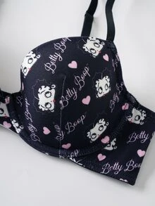 Betty Boop x SHEIN Women's Cartoon Print Casual Daily Spaghetti Strap Bra - Black - View 11