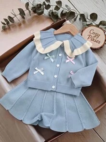 SHEIN Bộ áo cardigan tay dài cổ nơ và chân váy cho bé gái mùa thu đông - Màu xanh lam - Xem 3