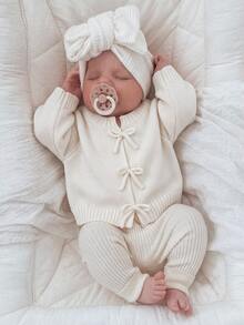 SHEIN Newborn Baby Solid Color Bow Decor Casual Comfortable Versatile Long Sleeve Autumn Winter Cardigan - Apricot - View 1