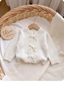 SHEIN Newborn Baby Solid Color Bow Decor Casual Comfortable Versatile Long Sleeve Autumn Winter Cardigan - Apricot - View 7