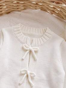 SHEIN Newborn Baby Solid Color Bow Decor Casual Comfortable Versatile Long Sleeve Autumn Winter Cardigan - Apricot - View 4