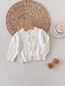 SHEIN Newborn Baby Solid Color Bow Decor Casual Comfortable Versatile Long Sleeve Autumn Winter Cardigan - Apricot - View 8