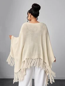 Maweii Women's Autumn/Winter Boat Neck Light Beige Patchwork Tassel Design Lazy Casual Minimalist Style Commute Versatile Daily 2026 New Plus Size Pullover Sweater - Beige - View 3