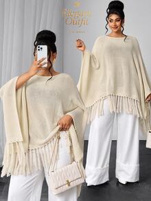 Maweii Women's Autumn/Winter Boat Neck Light Beige Patchwork Tassel Design Lazy Casual Minimalist Style Commute Versatile Daily 2026 New Plus Size Pullover Sweater - Beige - View 2