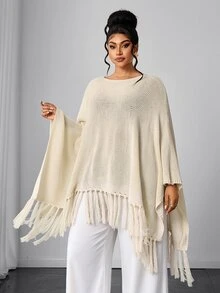 Maweii Women's Autumn/Winter Boat Neck Light Beige Patchwork Tassel Design Lazy Casual Minimalist Style Commute Versatile Daily 2026 New Plus Size Pullover Sweater - Beige - View 5