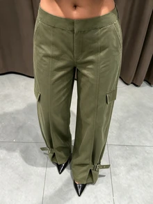 Avenya Fall/ Retro Low Waist Multi-Pocket Cargo Straight Leg Pants Women, Loose Slimming Wide Leg Casual Drawstring Cuffs Everyday Olive Green Work Going Out - Army Green - View 7