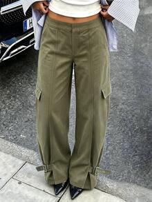 Avenya Fall/ Retro Low Waist Multi-Pocket Cargo Straight Leg Pants Women, Loose Slimming Wide Leg Casual Drawstring Cuffs Everyday Olive Green Work Going Out - Army Green - View 1