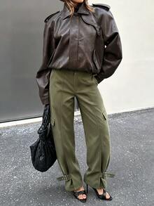 Avenya Fall/ Retro Low Waist Multi-Pocket Cargo Straight Leg Pants Women, Loose Slimming Wide Leg Casual Drawstring Cuffs Everyday Olive Green Work Going Out - Army Green - View 5