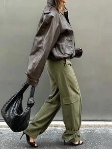 Avenya Fall/ Retro Low Waist Multi-Pocket Cargo Straight Leg Pants Women, Loose Slimming Wide Leg Casual Drawstring Cuffs Everyday Olive Green Work Going Out - Army Green - View 8