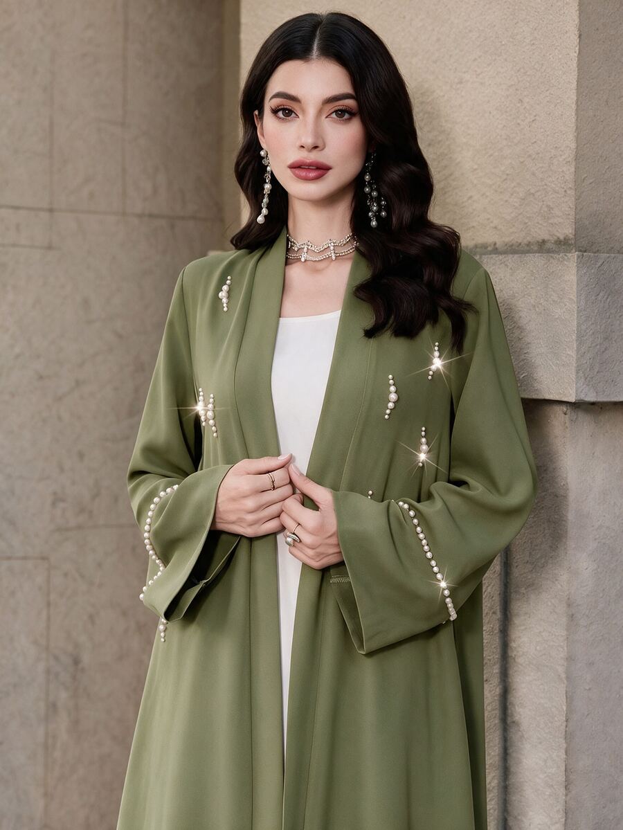 Mulvari Solid Color Long Sleeve Loose Elegant Casual Modest Daily Jacket With Pearl Decoration Christening Guest Ninang Wedding Formal Sage Green Winter