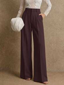 Anewsta Essential Women's Casual Commuter Minimalist Solid Color Seam Front Pocket Loose Wide Leg Suit Pants - Brown - View 2