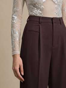 Anewsta Essential Women's Casual Commuter Minimalist Solid Color Seam Front Pocket Loose Wide Leg Suit Pants - Brown - View 1
